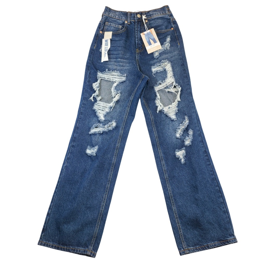 Wax Jean Collection Wide Leg Distressed Ripped Jeans Dark Wash Size Small NWT